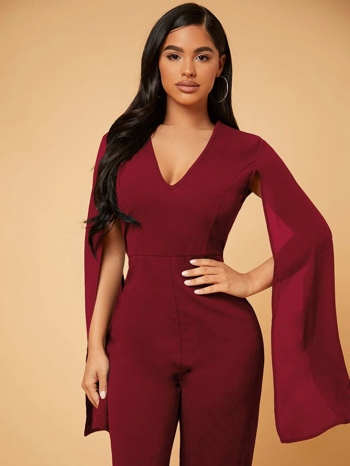 Deep V Neck Split Sleeve Jumpsuit