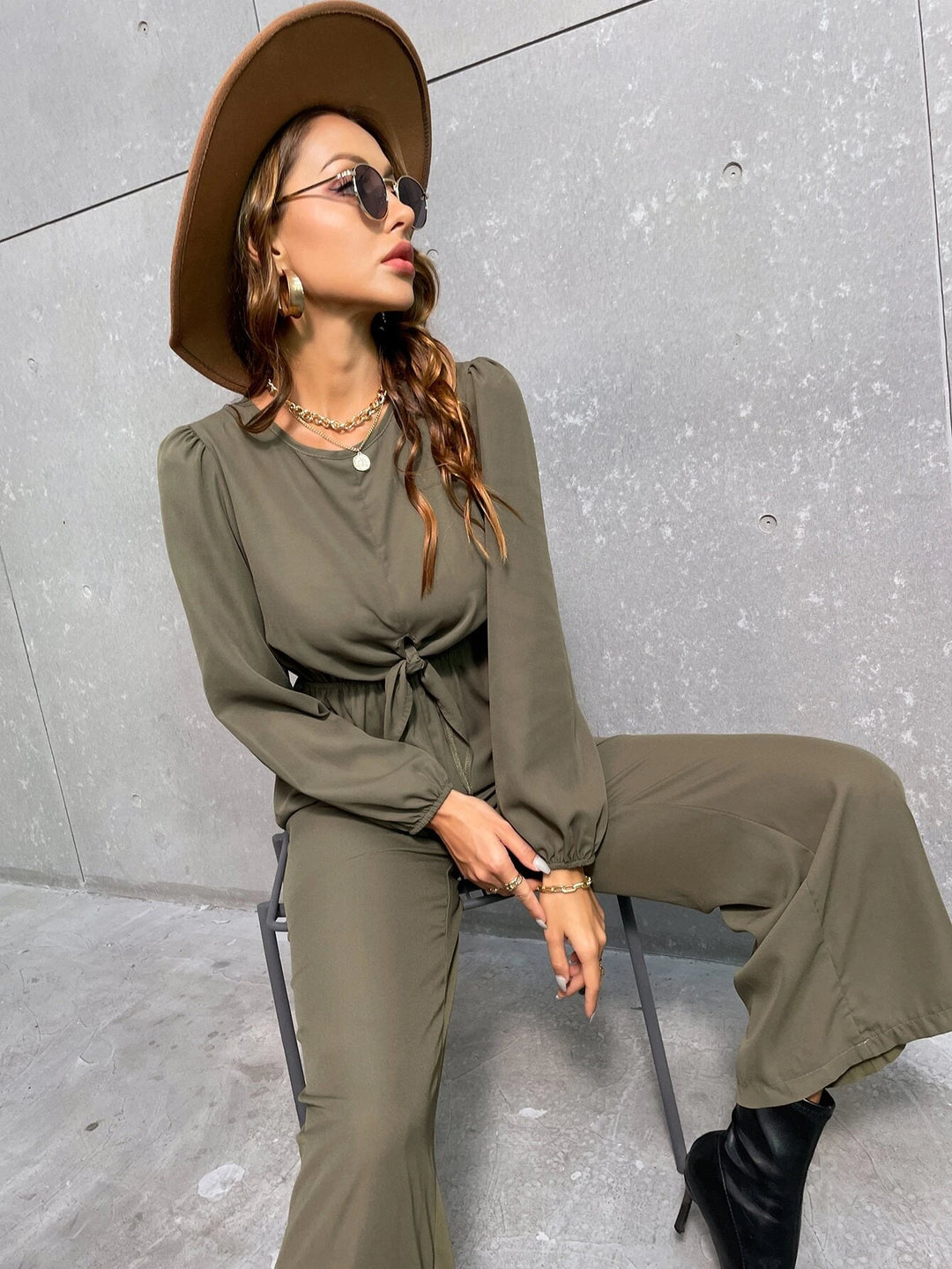 Solid Front Knot Bishop Sleeve Jumpsuit