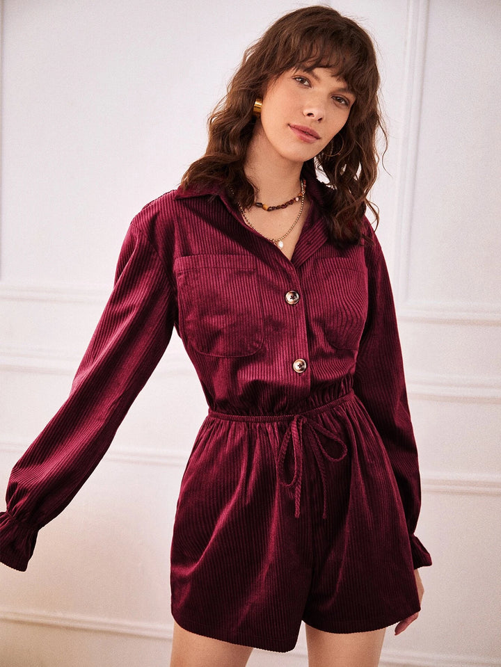 Frenchy Knot Waist Corduroy Shirt Romper