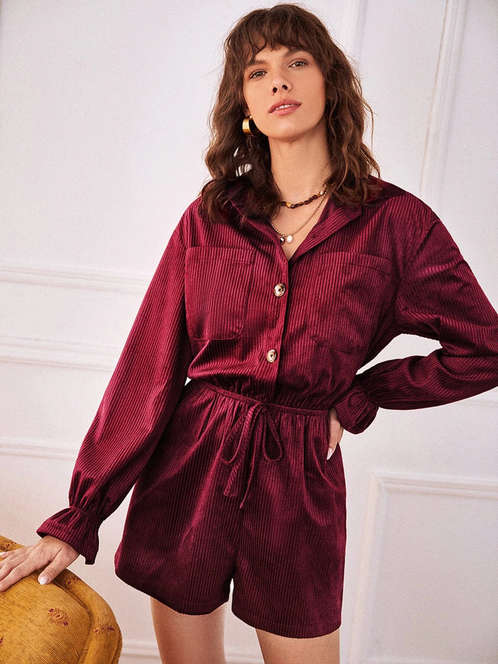 Frenchy Knot Waist Corduroy Shirt Romper