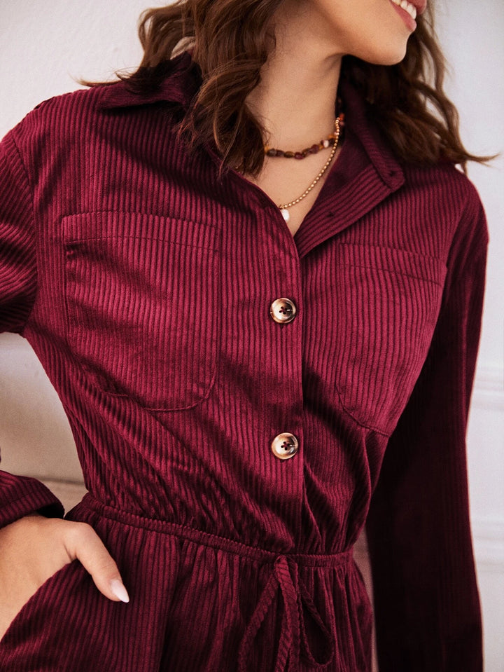 Frenchy Knot Waist Corduroy Shirt Romper