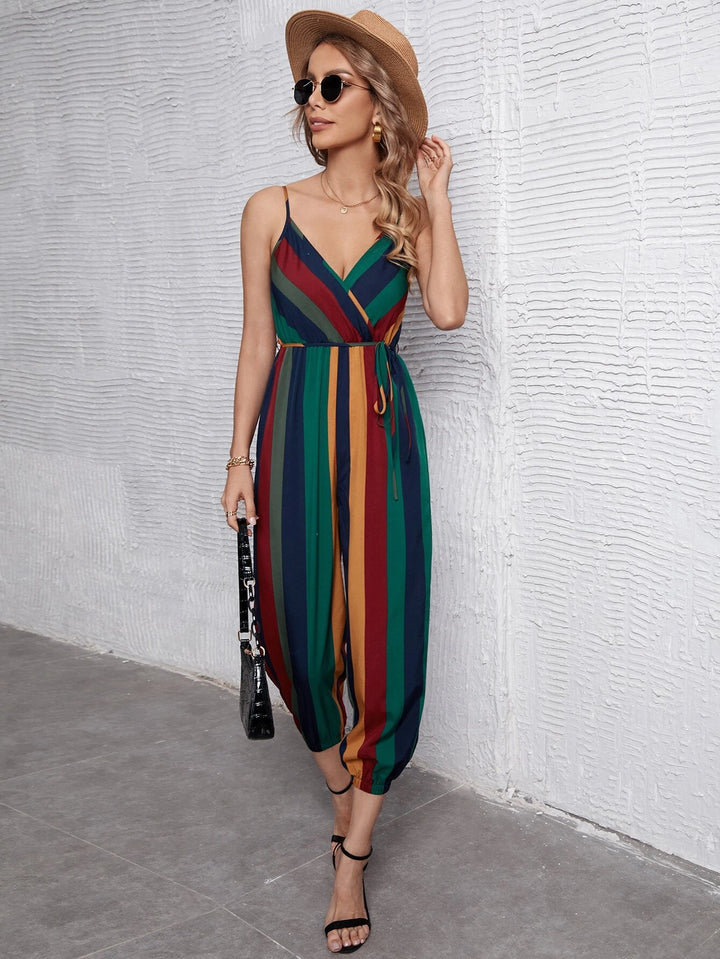 Block Striped Neck Belted Cami Jumpsuit