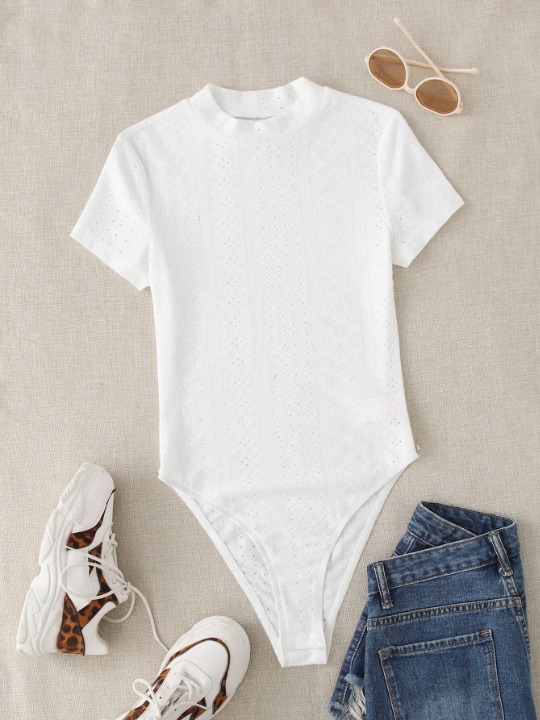 Mock Neck Eyelet Embroidery Bodysuit