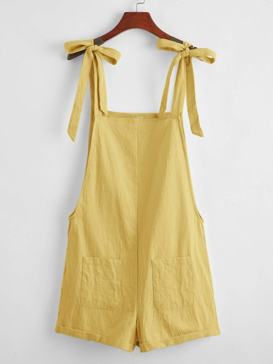 Knot Strap Pocket Patched Pinafore Romper