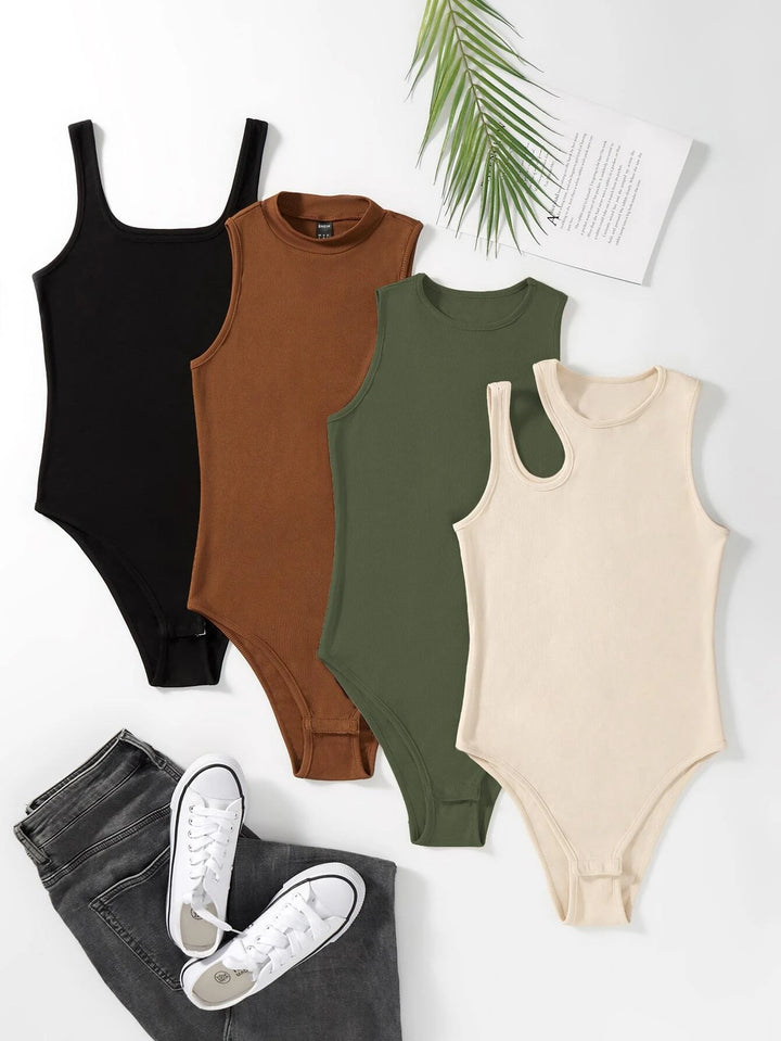 4 Pieces Solid Ribbed Knit Bodysuit