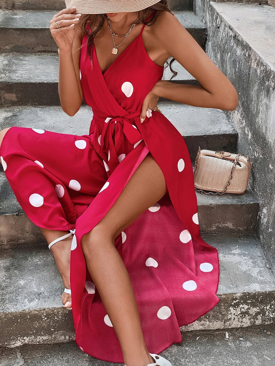 Polka Dot Print Wrap Hem Belted Cami Jumpsuit