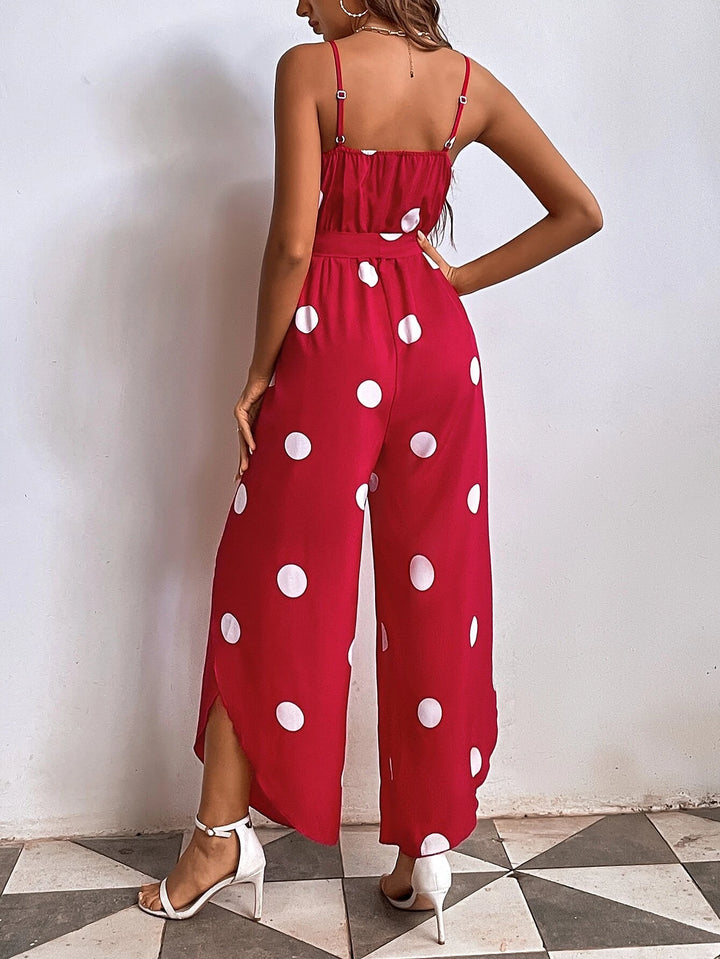 Polka Dot Print Wrap Hem Belted Cami Jumpsuit