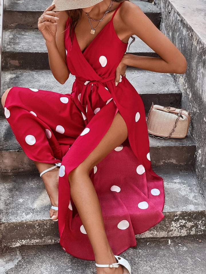 Polka Dot Print Wrap Hem Belted Cami Jumpsuit