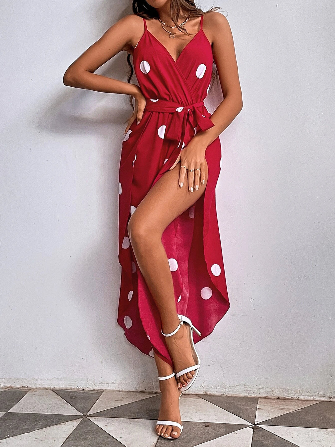 Polka Dot Print Wrap Hem Belted Cami Jumpsuit