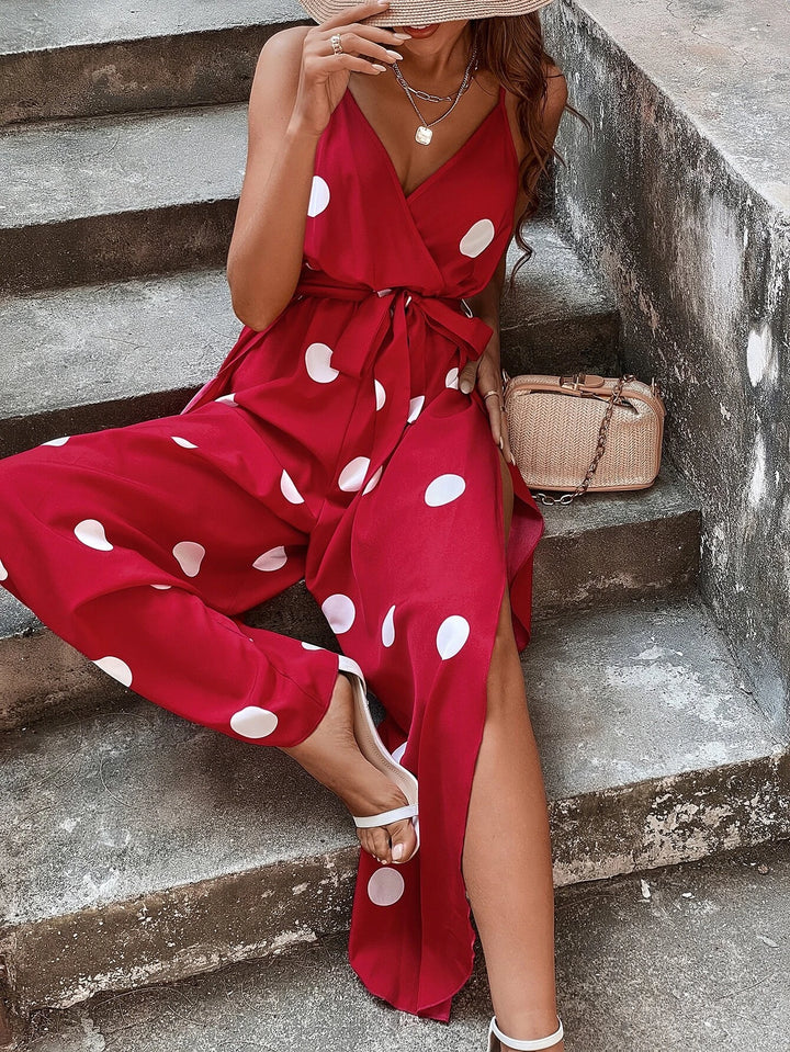 Polka Dot Print Wrap Hem Belted Cami Jumpsuit