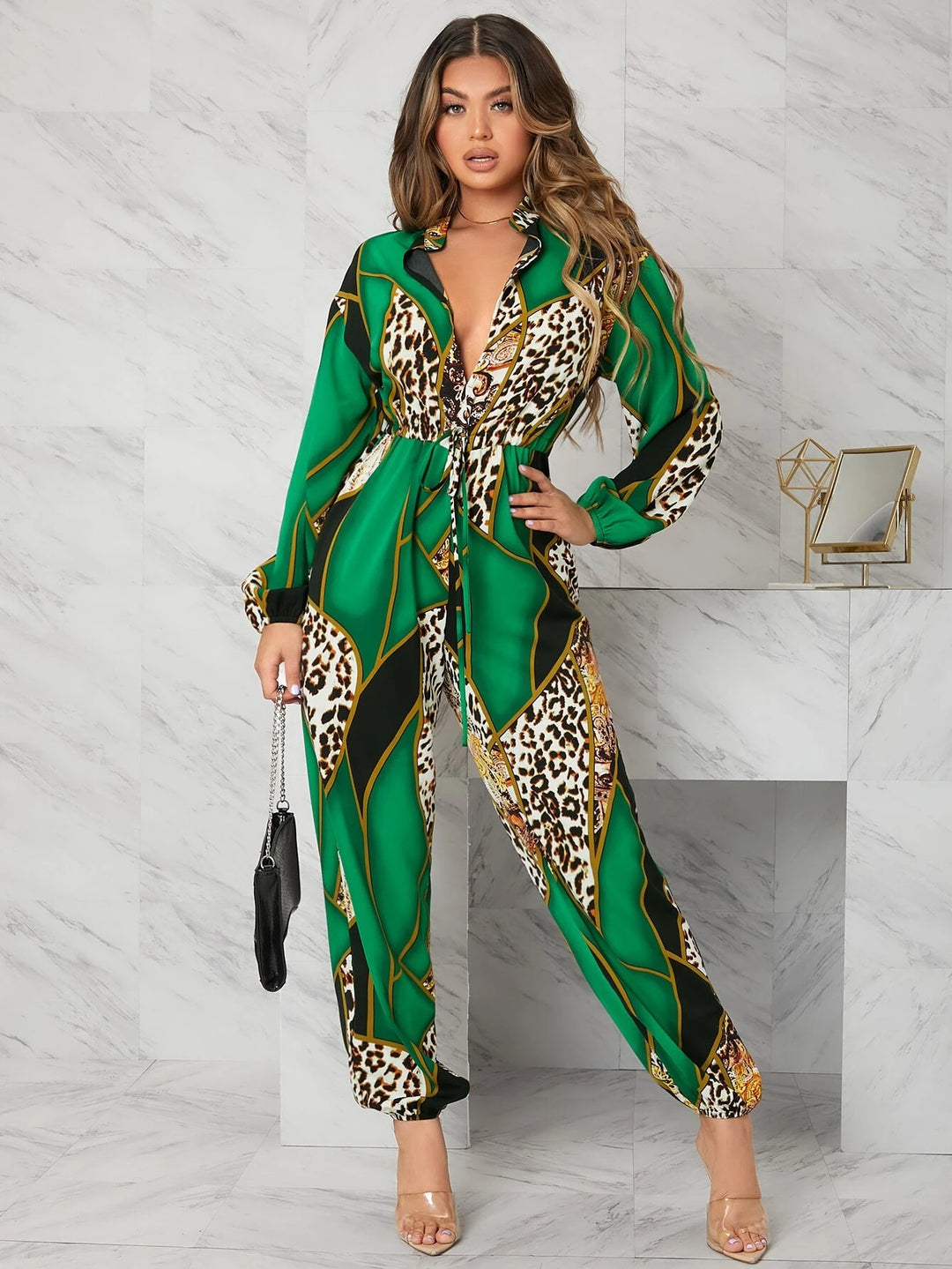 Leopard And Geo Print Lantern Sleeve Jumpsuit