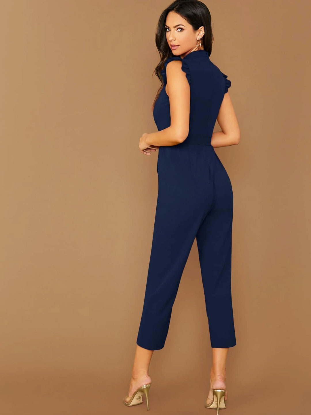 Solid Coloured Sleeveless Belted Jumpsuit