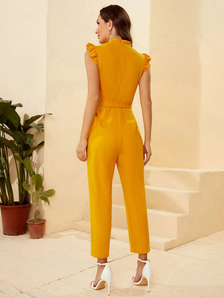 Solid Coloured Sleeveless Belted Jumpsuit