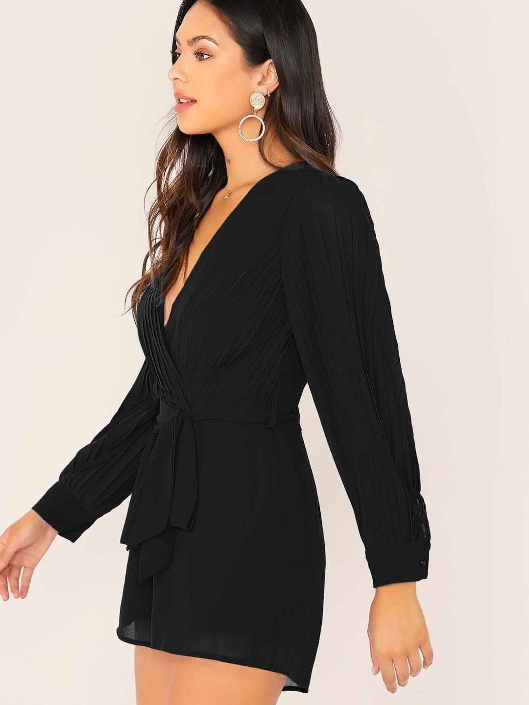 Neck Pleated Lantern Sleeve Self Belted Romper