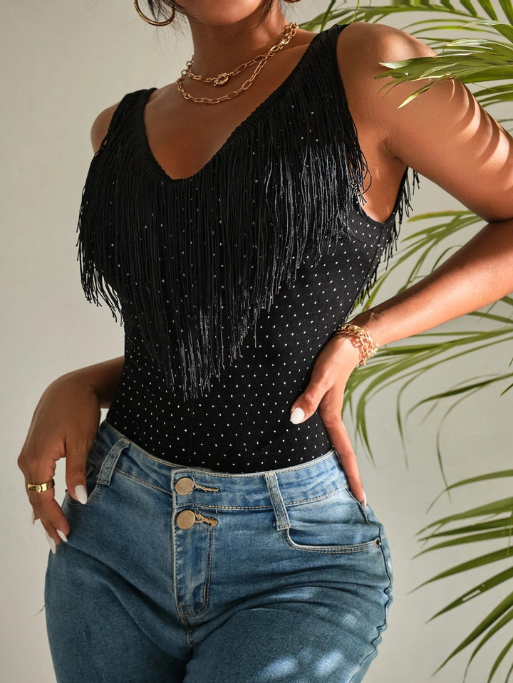 Polka Dot Fringe Trim Tank Bodysuit