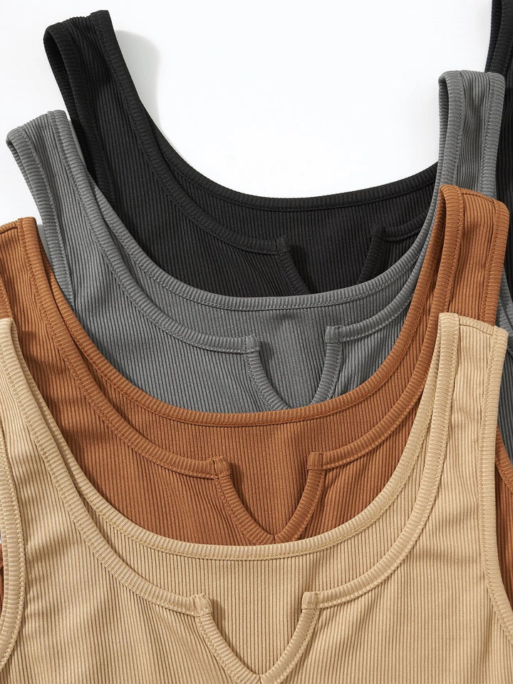 4 Pieces Ribbed Knit Notched Neck Tank Bodysuit