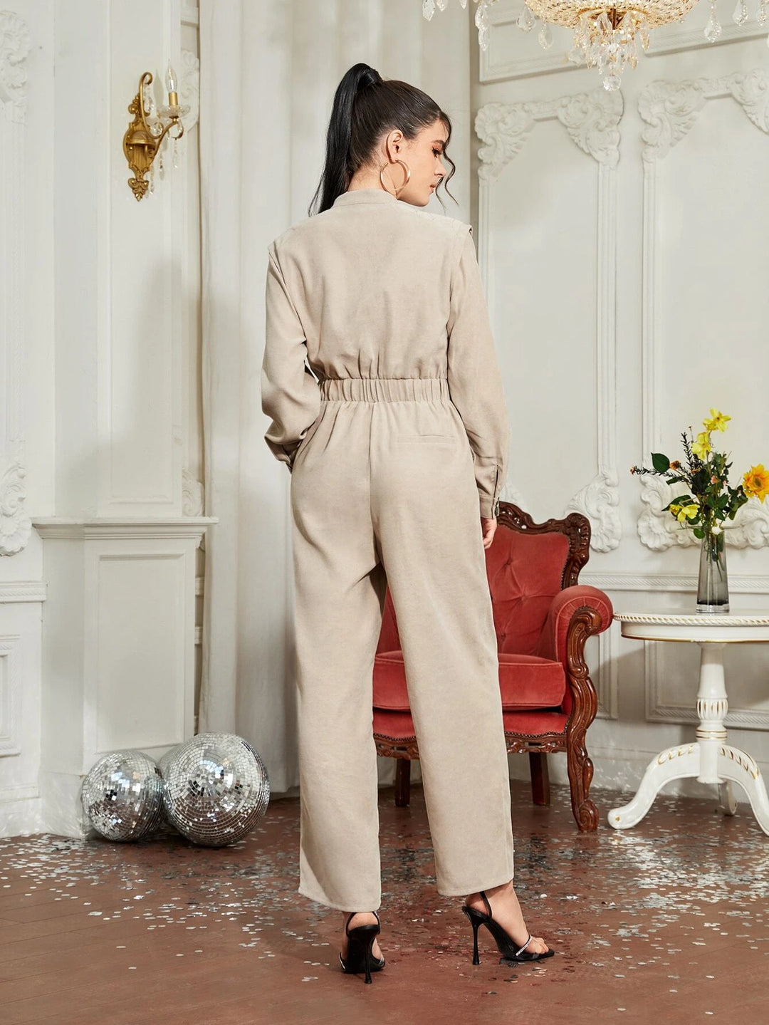 Mock Neck Button Front Belted Jumpsuit