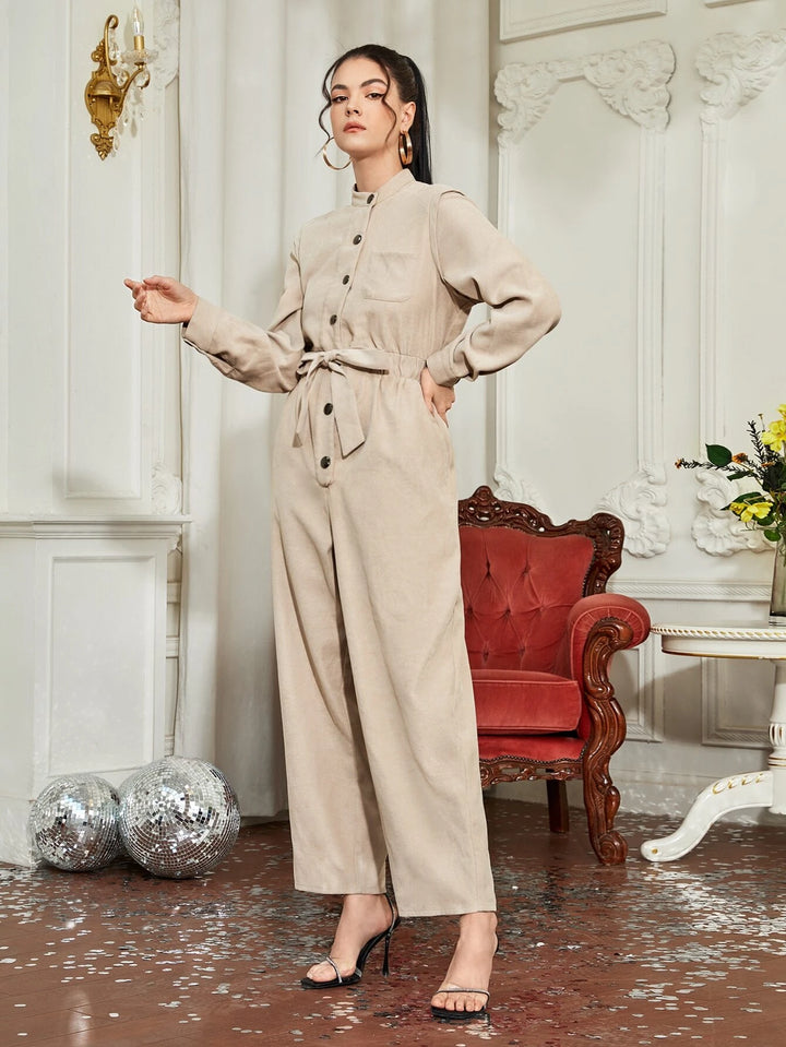 Mock Neck Button Front Belted Jumpsuit