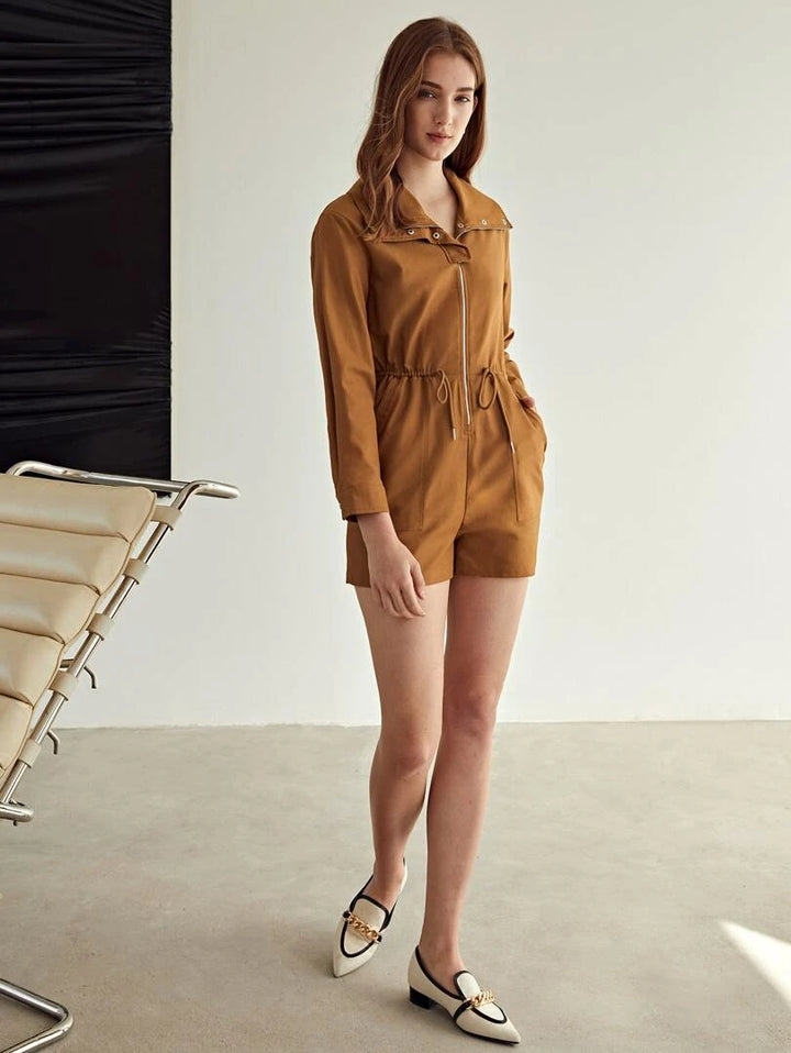 Drawstring Zip-up Romper