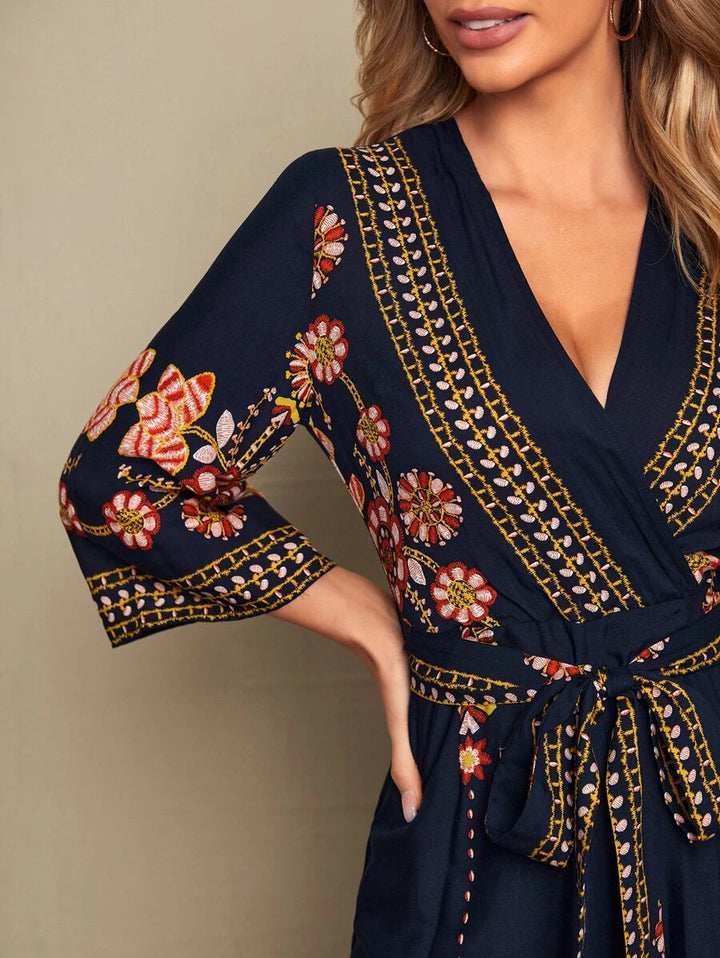 Floral Embroidery Self Belted Jumpsuit