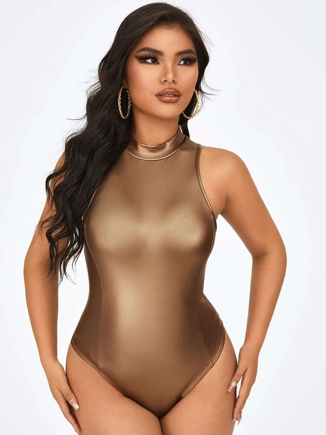 Mock Neck Slim Fit PU Leather Bodysuit