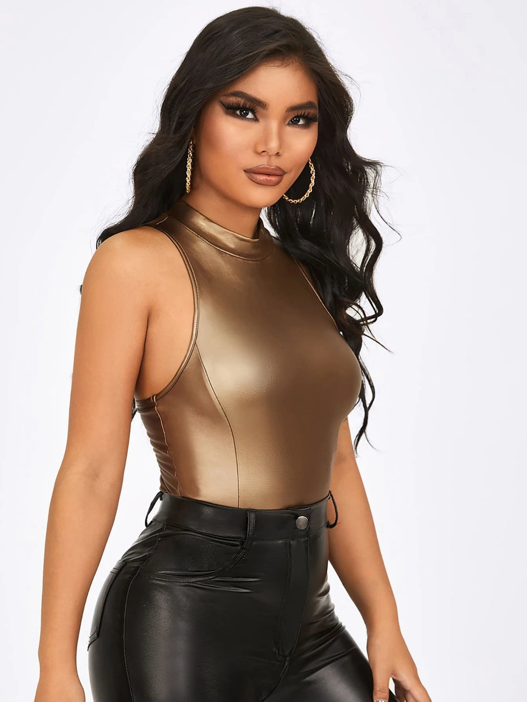 Mock Neck Slim Fit PU Leather Bodysuit