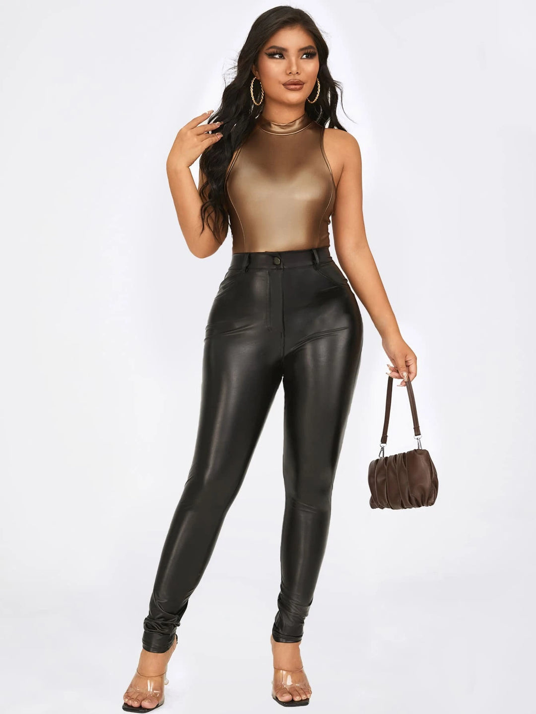 Mock Neck Slim Fit PU Leather Bodysuit