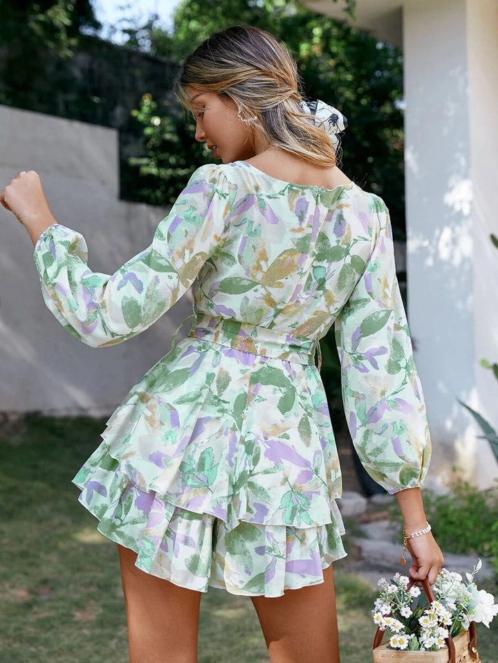 Simplee Floral Print Lantern Sleeve Belted Layered Ruffle Romper