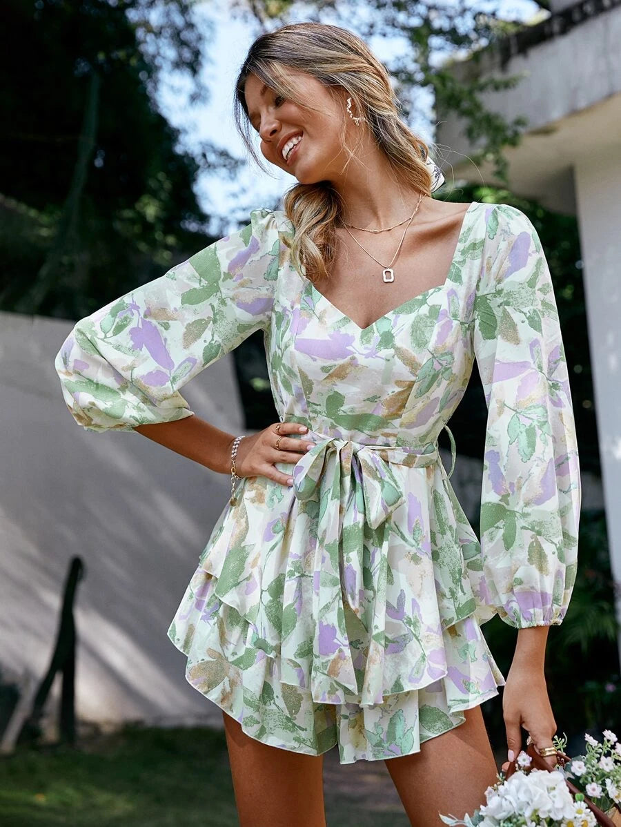 Simplee Floral Print Lantern Sleeve Belted Layered Ruffle Romper