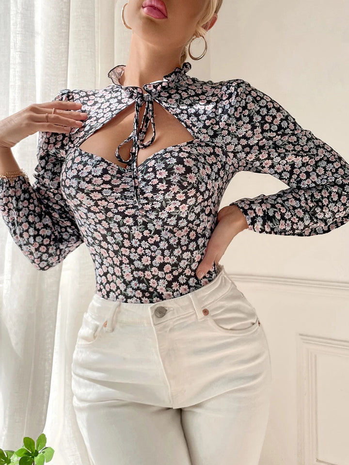 Floral Tie Neck Lantern Sleeve Bodysuit