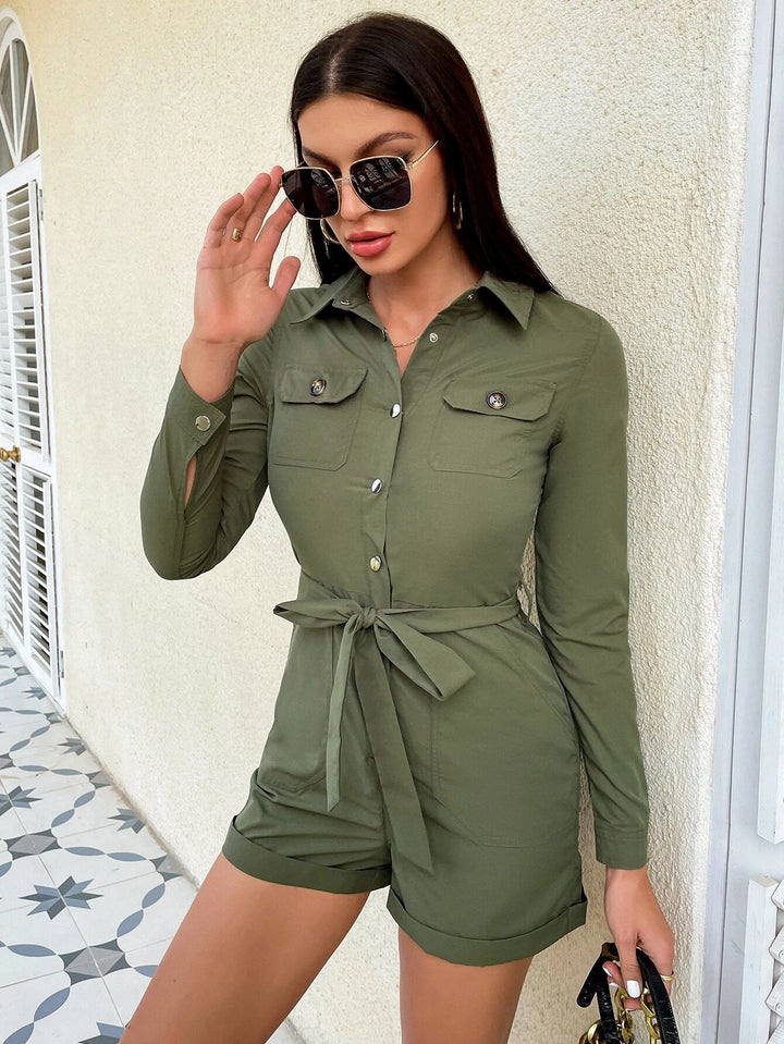 Pocket Roll Up Hem Belted Shirt Romper