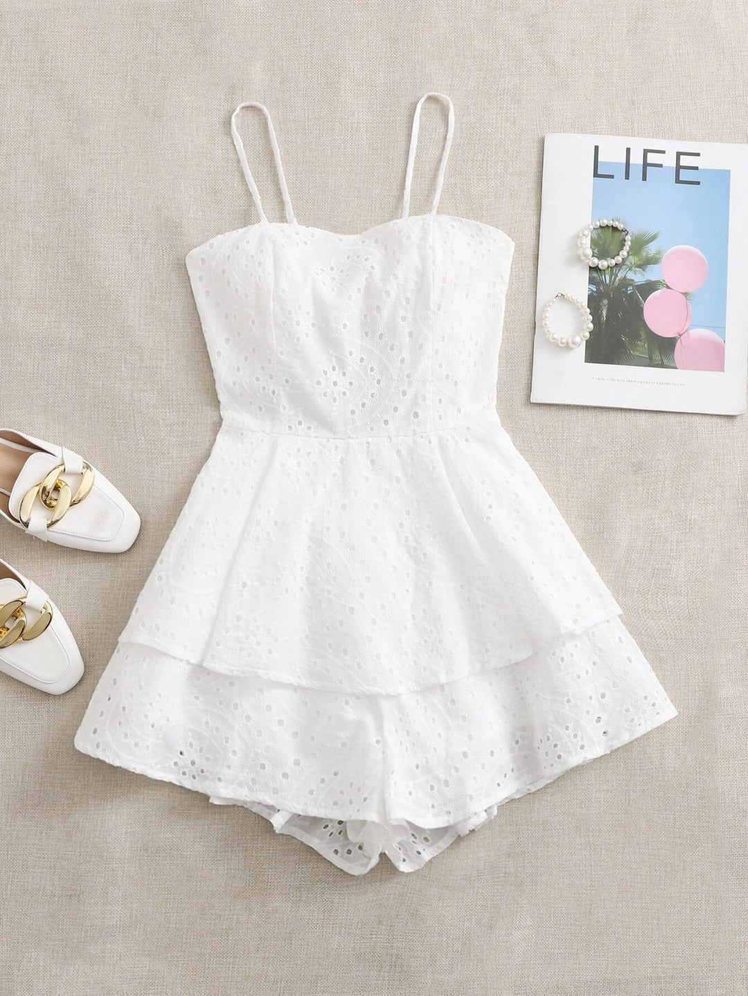 Tie Backless Eyelet Embroidery Romper
