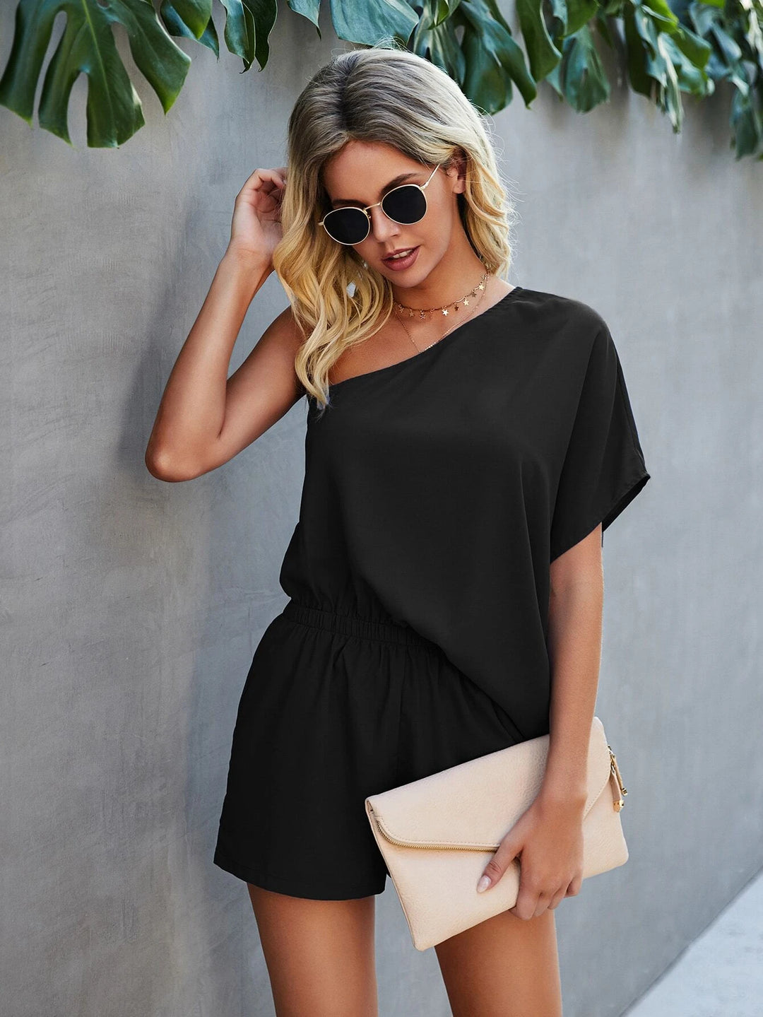 One Shoulder Batwing Sleeve Romper