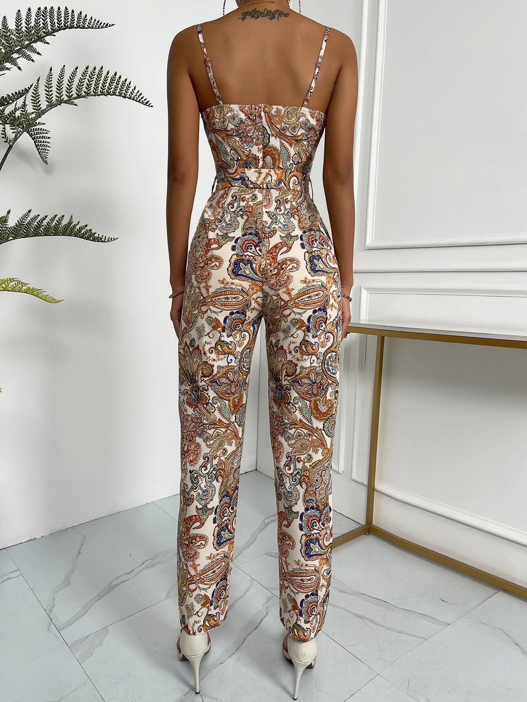 Print Surplice Neck Belted Cami Jumpsuit