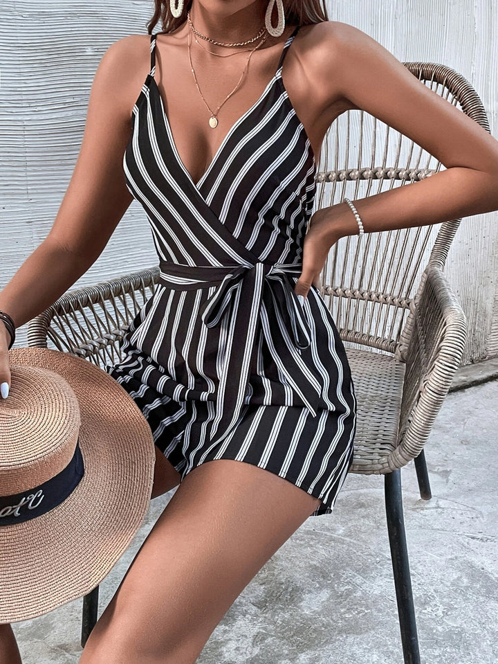 Striped Belted Cami Romper