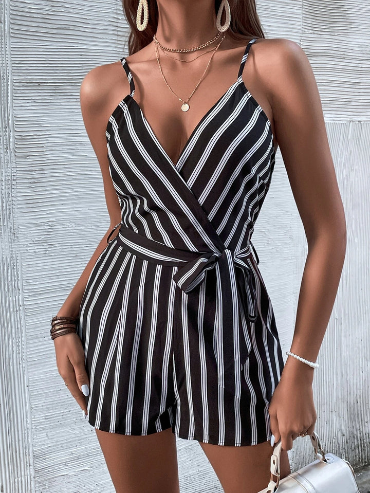 Striped Belted Cami Romper