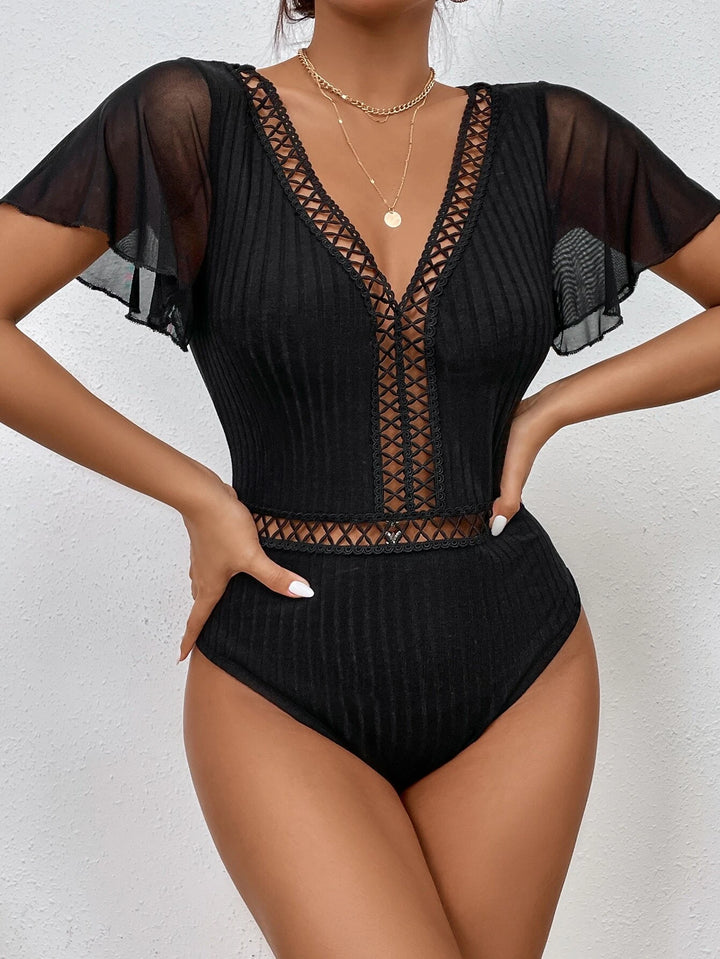 Contrast Mesh Flutter Sleeve Bodysuit