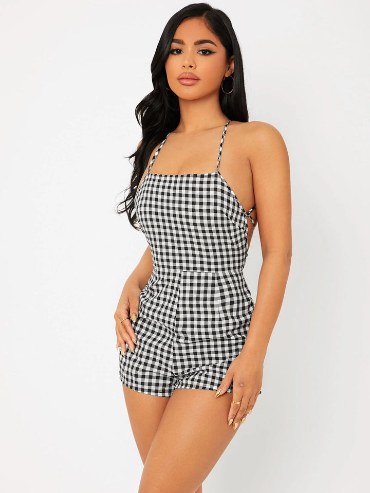 Print Lace Up Backless Slip Romper