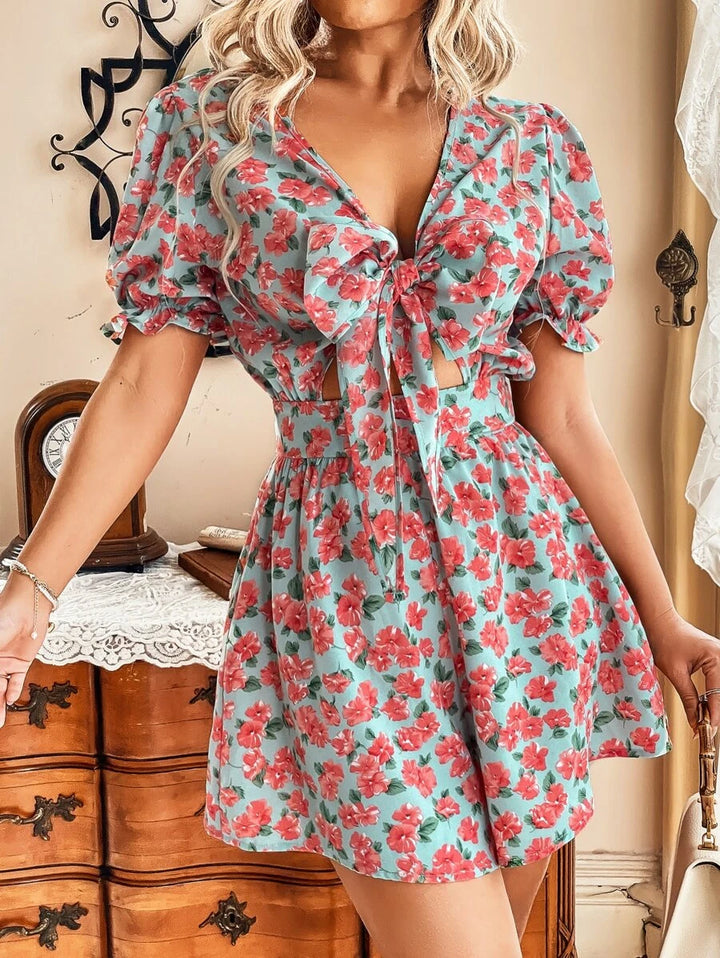 Floral Print Puff Sleeve Knot Front Romper