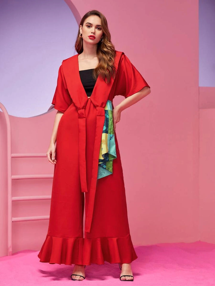 Red Draped Ruffle Hem Jumpsuit