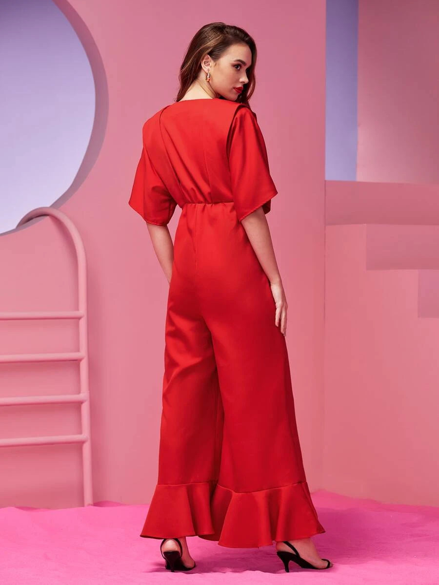 Red Draped Ruffle Hem Jumpsuit