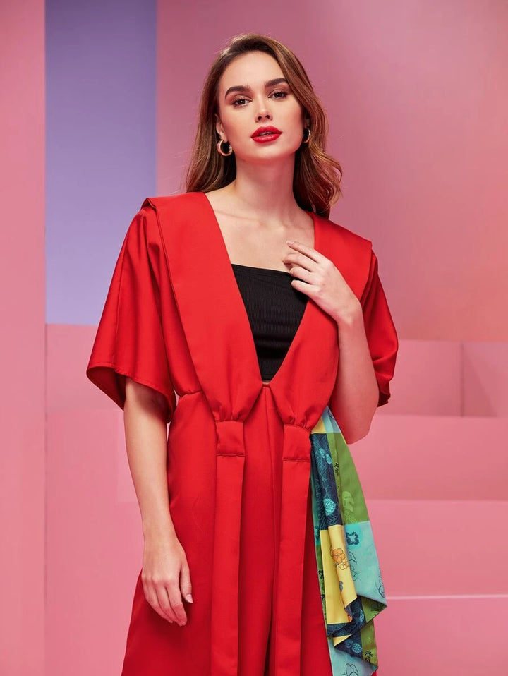 Red Draped Ruffle Hem Jumpsuit