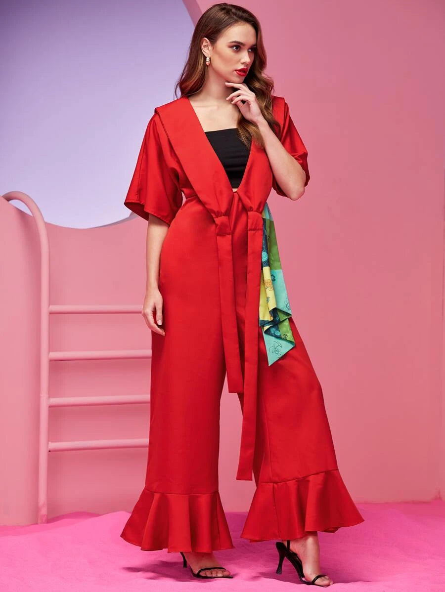 Red Draped Ruffle Hem Jumpsuit