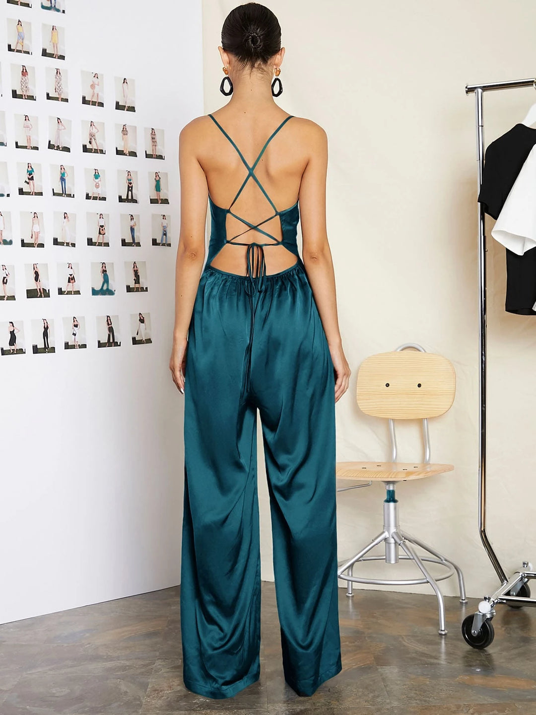 Lace Up Backless Solid Slip Jumpsuit