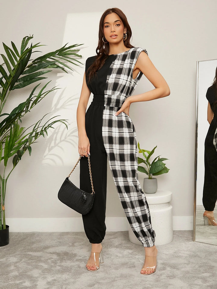 Plaid Spliced Padded Shoulder Jumpsuit