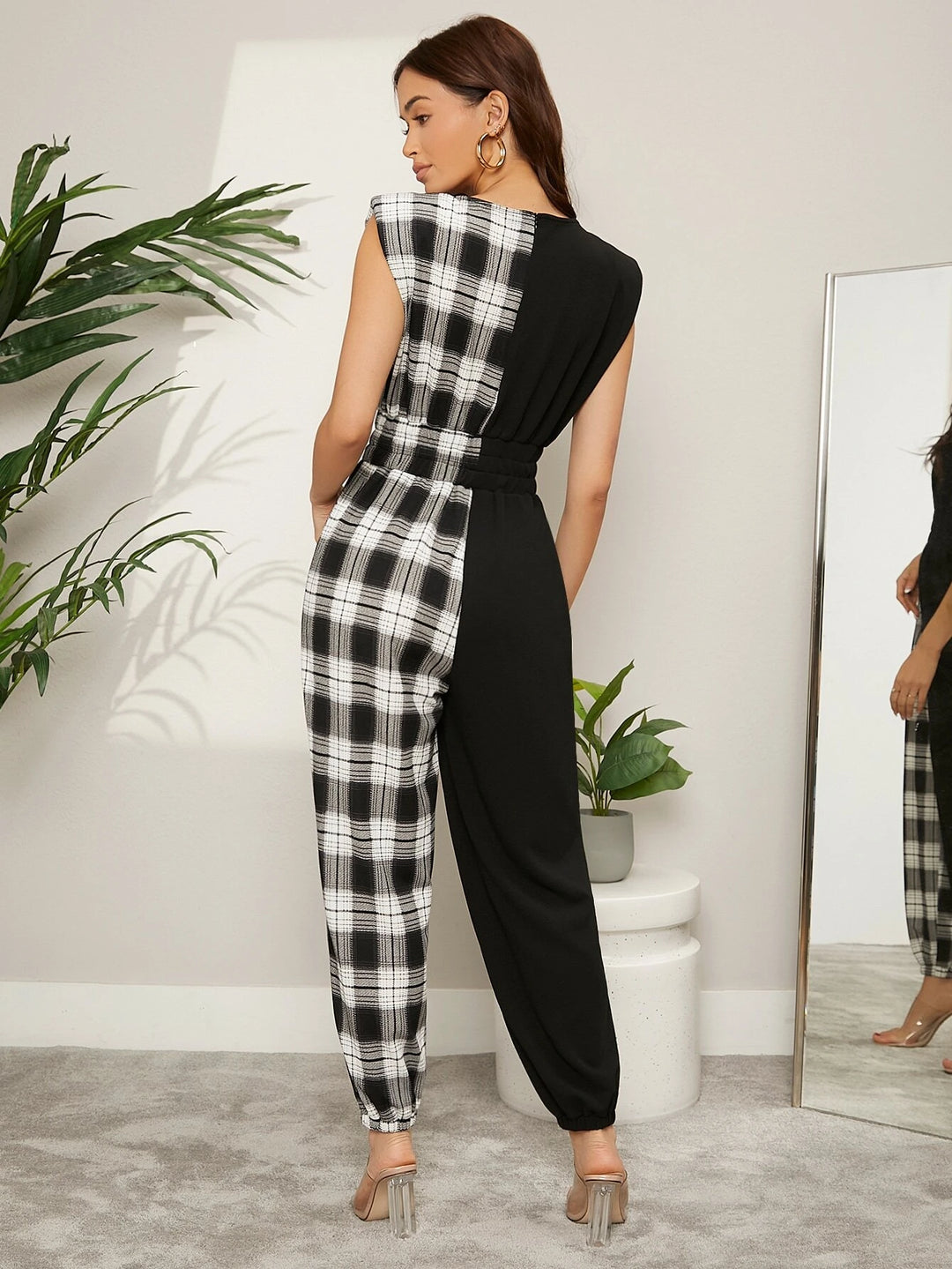 Plaid Spliced Padded Shoulder Jumpsuit