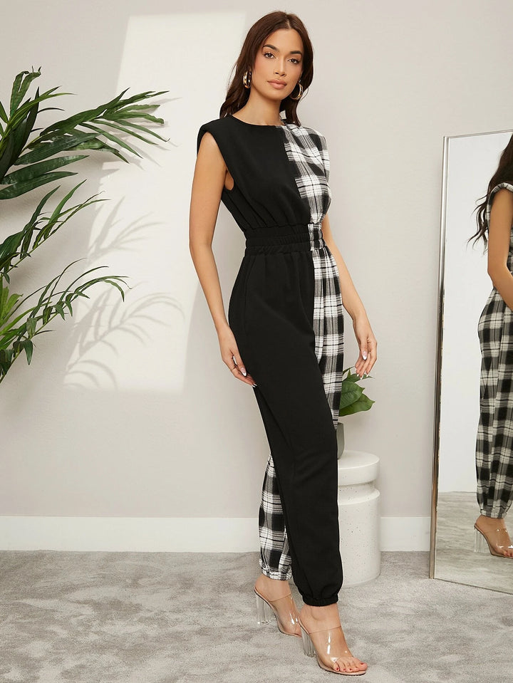 Plaid Spliced Padded Shoulder Jumpsuit