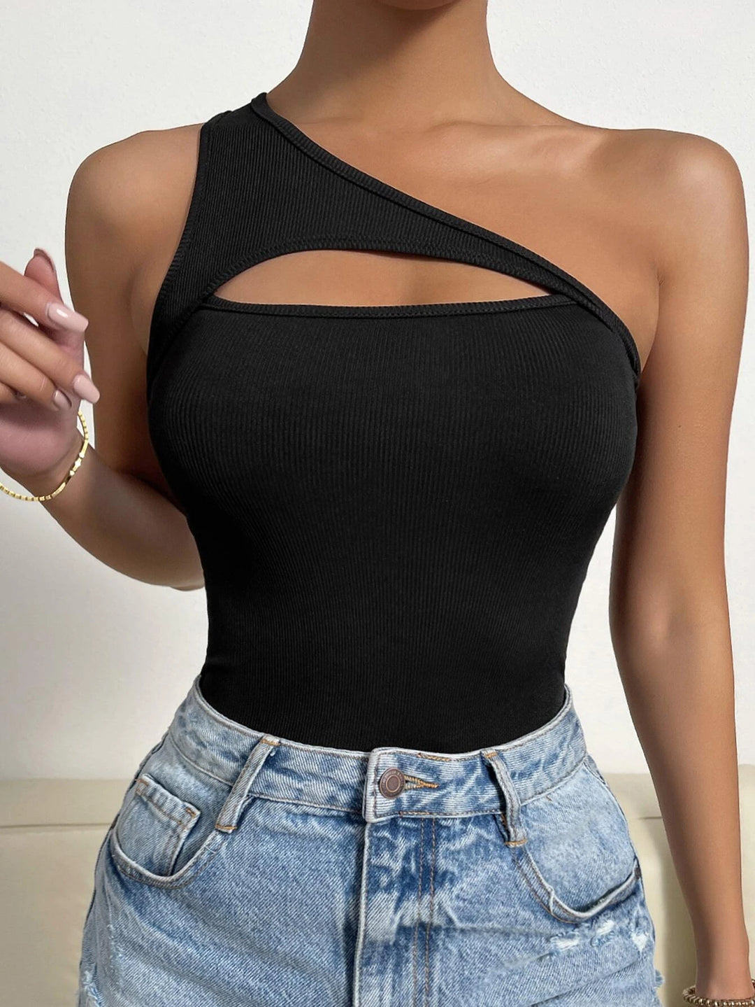 One Shoulder Cut Out Rib Knit Bodysuit