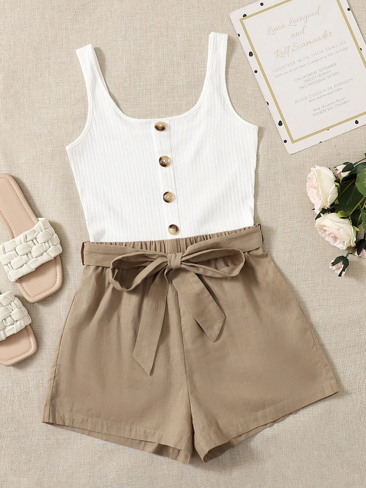 Button Front Belted Combo Tank Romper