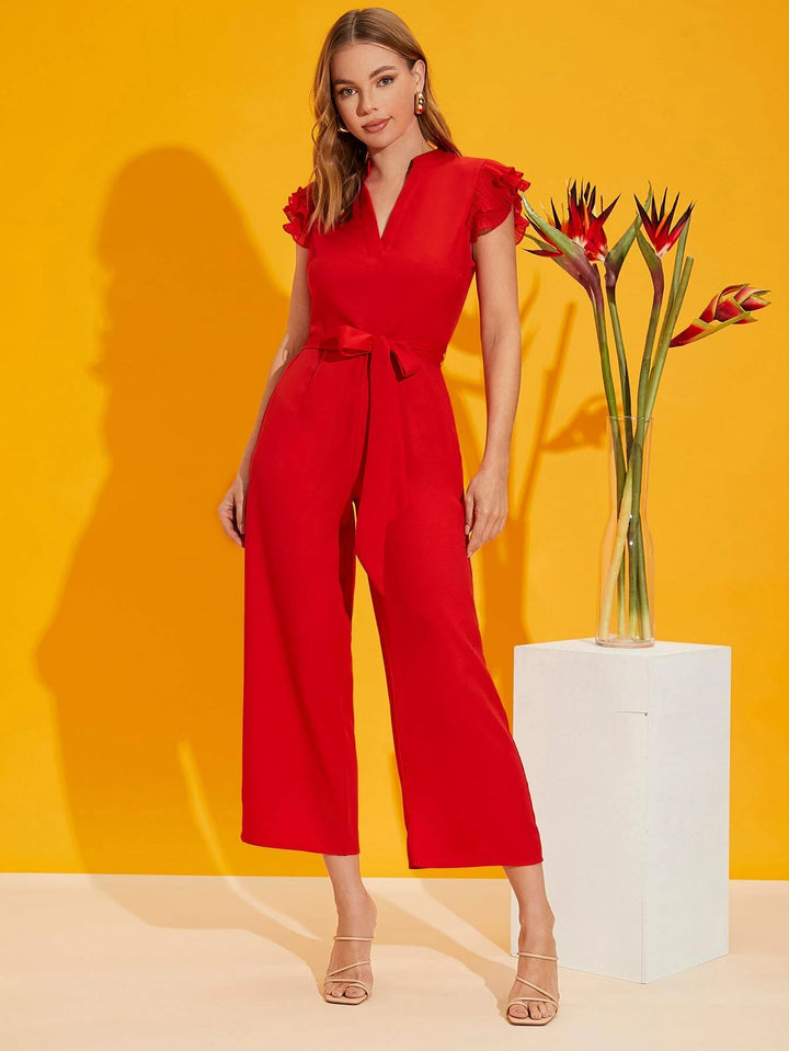 Layered Pleated Sleeve Belted Jumpsuit